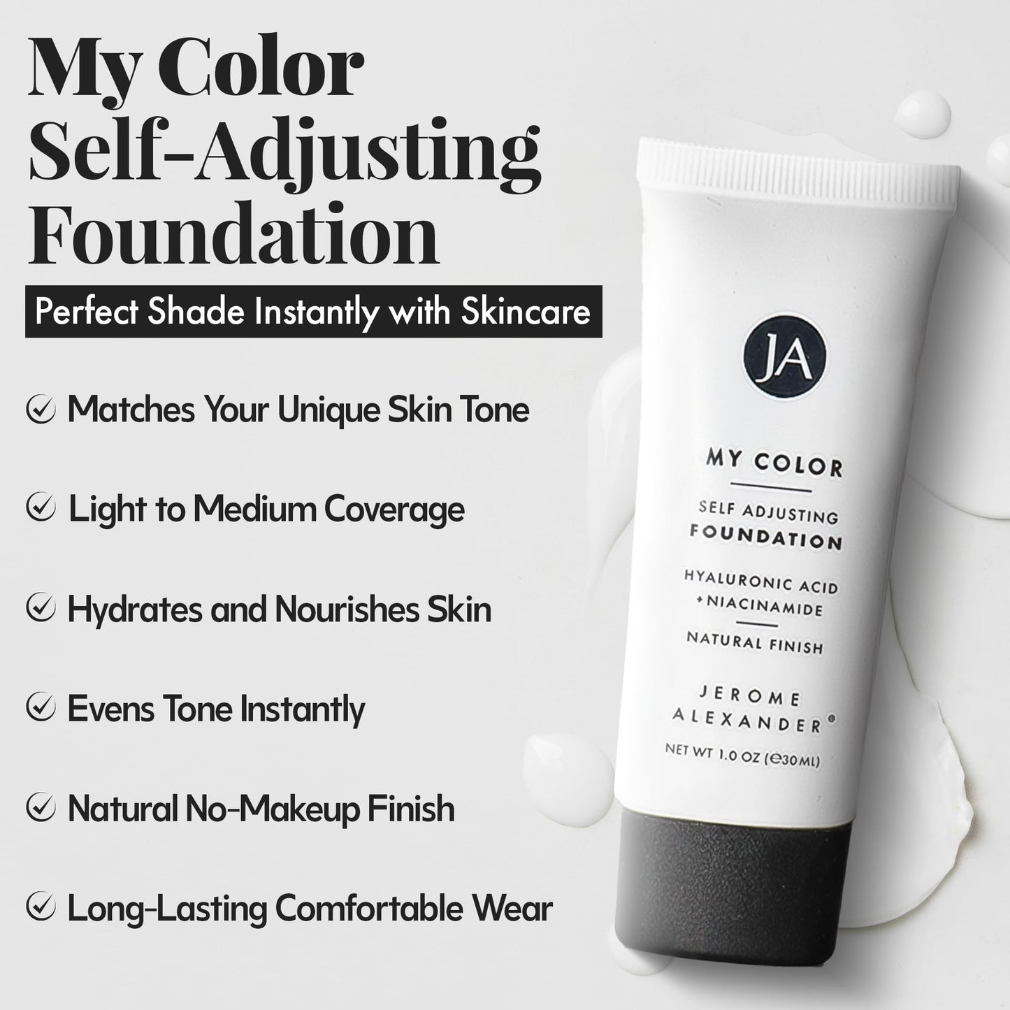 Color changing liquid face makeup showing white cream texture transforming to skin tone