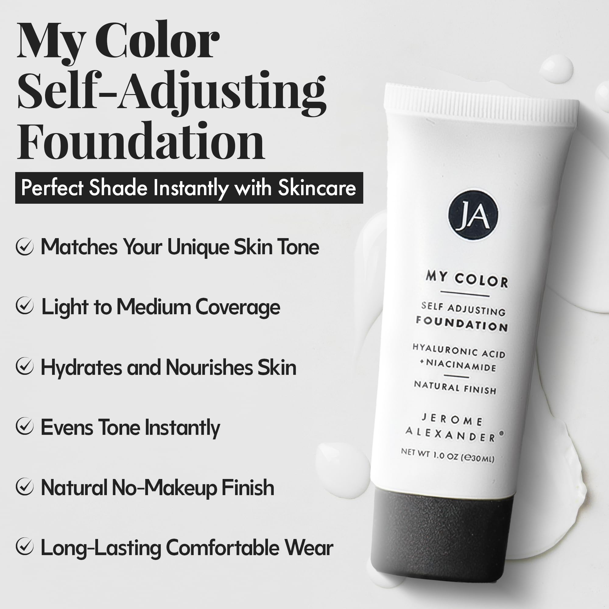 Color changing liquid face makeup showing white cream texture transforming to skin tone