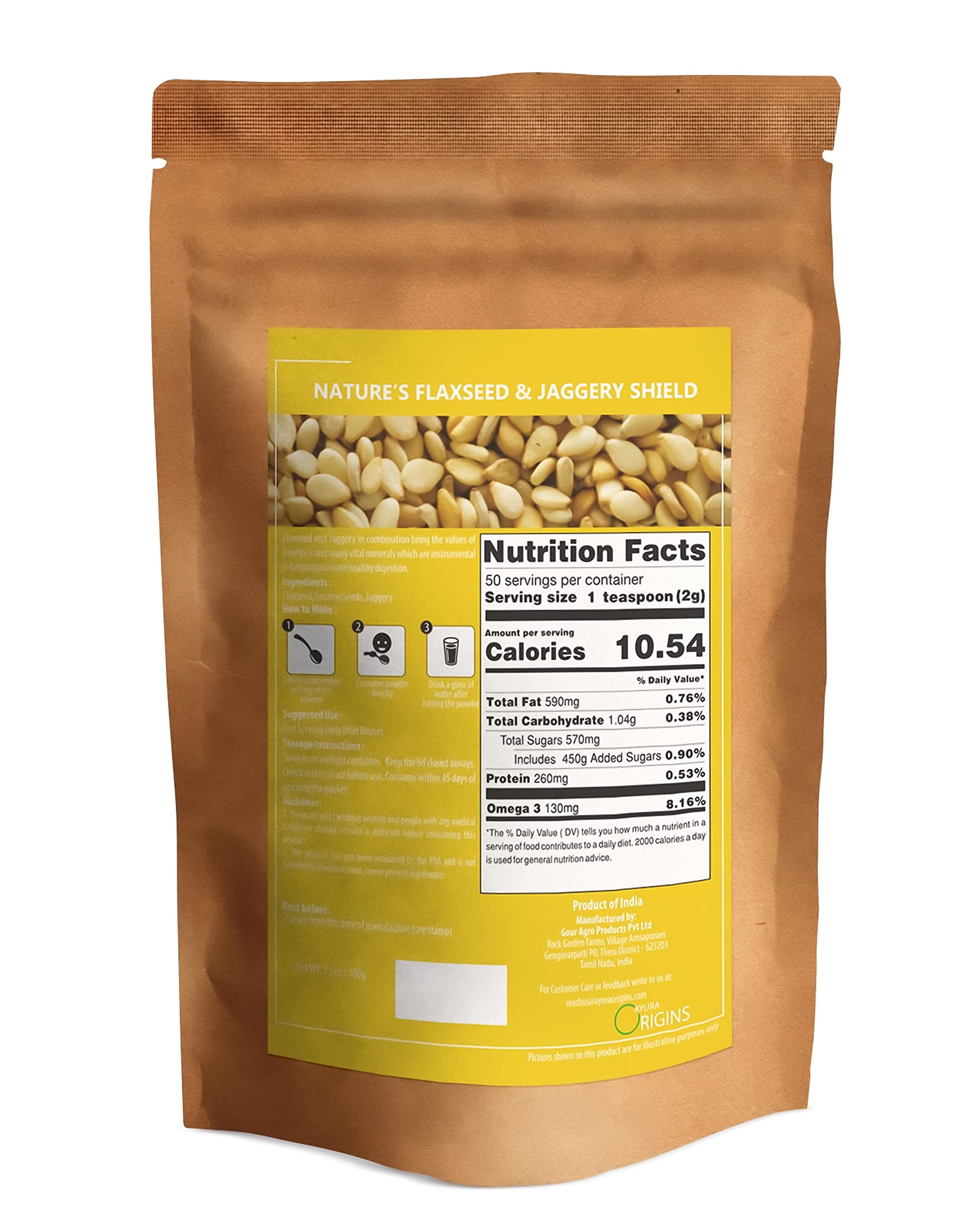 AYURA ORIGINS plant based gut health powder packaging showing dietary supplement nutritional facts