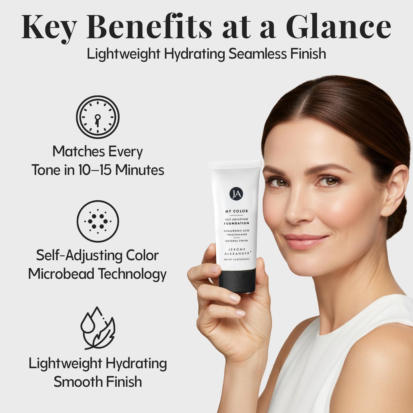 Lightweight buildable coverage foundation with hyaluronic acid and niacinamide for mature skin