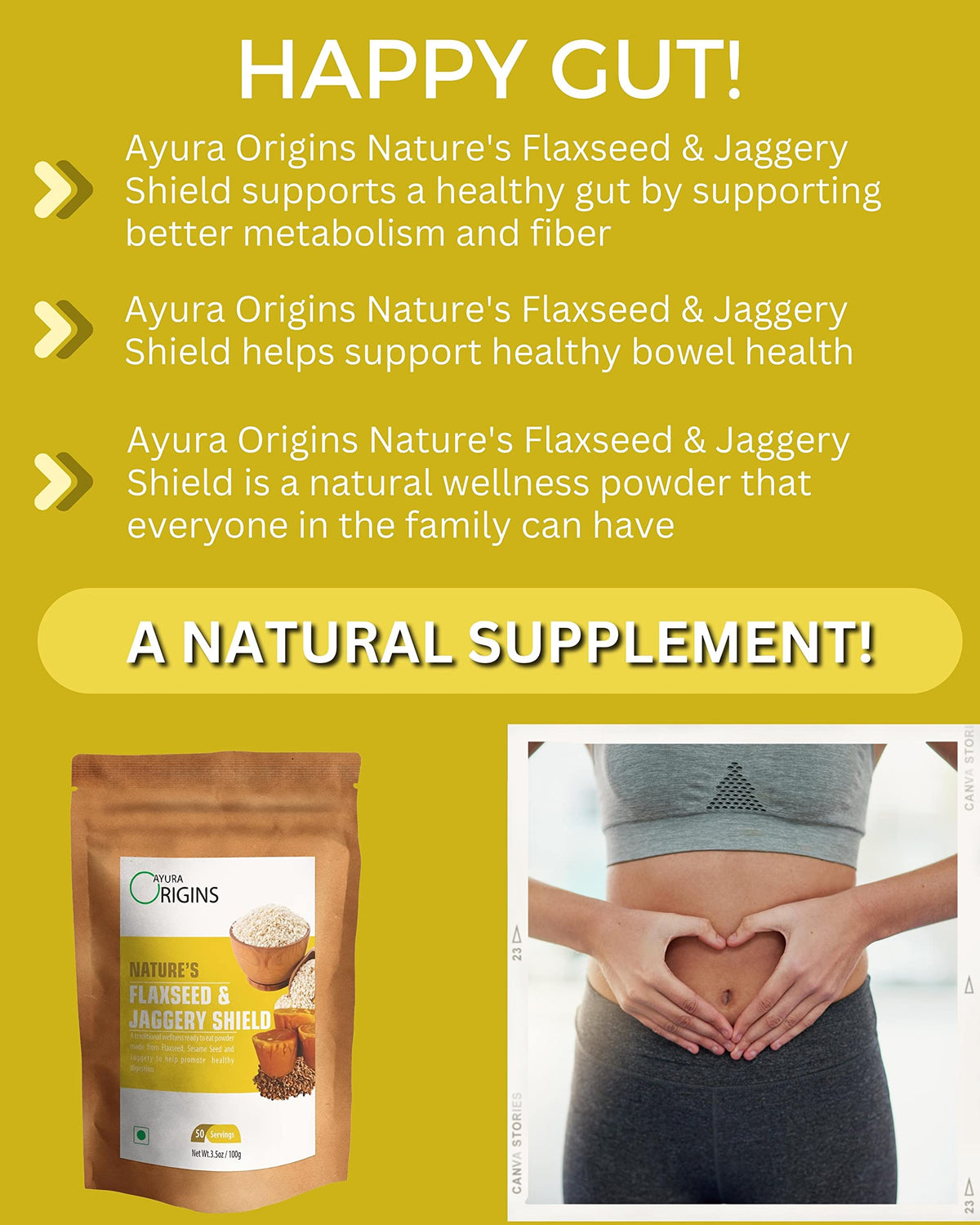 AYURA ORIGINS premium imported irritable bowel syndrome control supplement powder pouch angled view