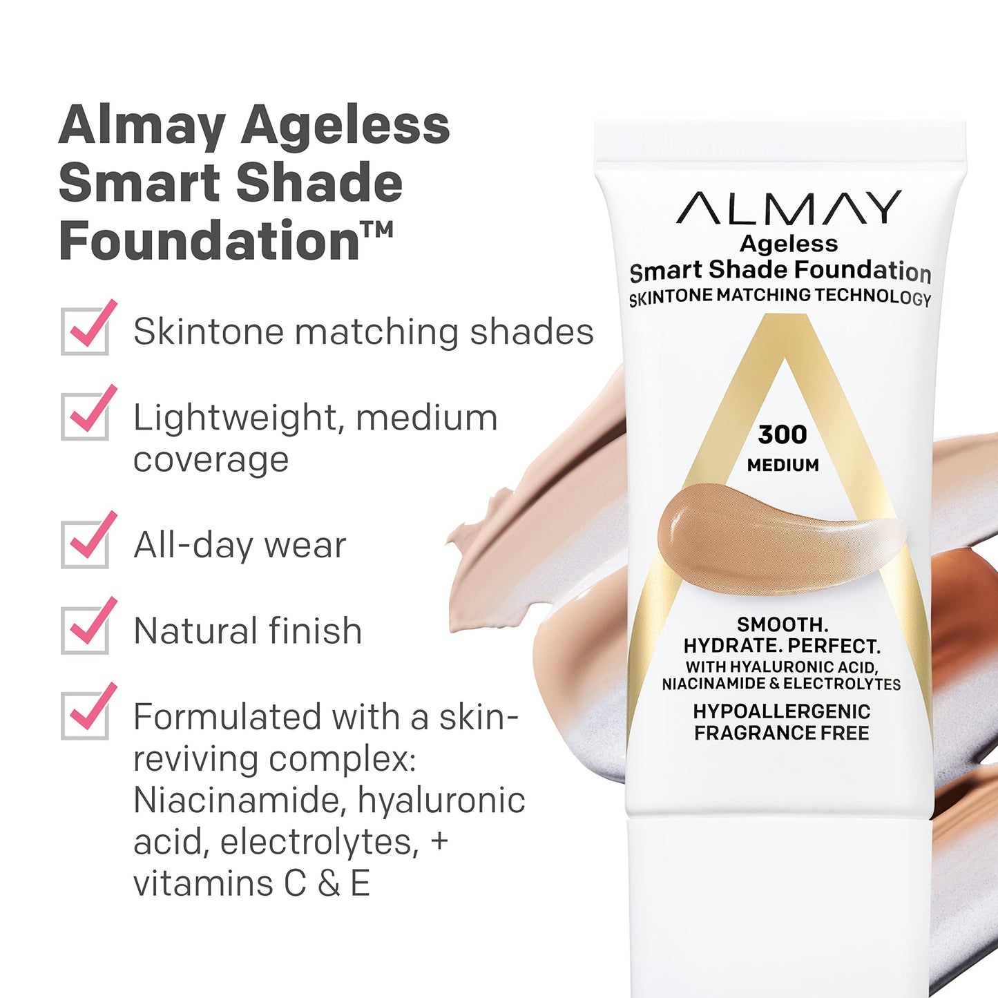 Hypoallergenic Almay ageless foundation packaging showing product claims and ingredients list