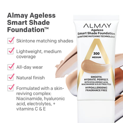 Hypoallergenic Almay ageless foundation packaging showing product claims and ingredients list