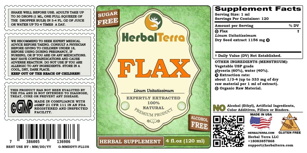 Side view of Herbal Terra Flax seed liquid extract packaging detailing organic ingredients and usage instructions