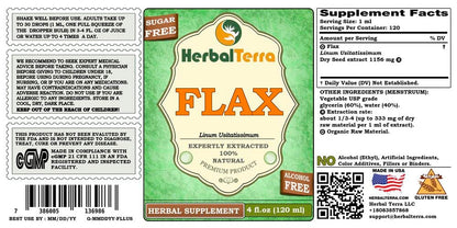 Side view of Herbal Terra Flax seed liquid extract packaging detailing organic ingredients and usage instructions