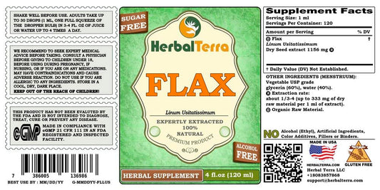 Side view of Herbal Terra Flax seed liquid extract packaging detailing organic ingredients and usage instructions