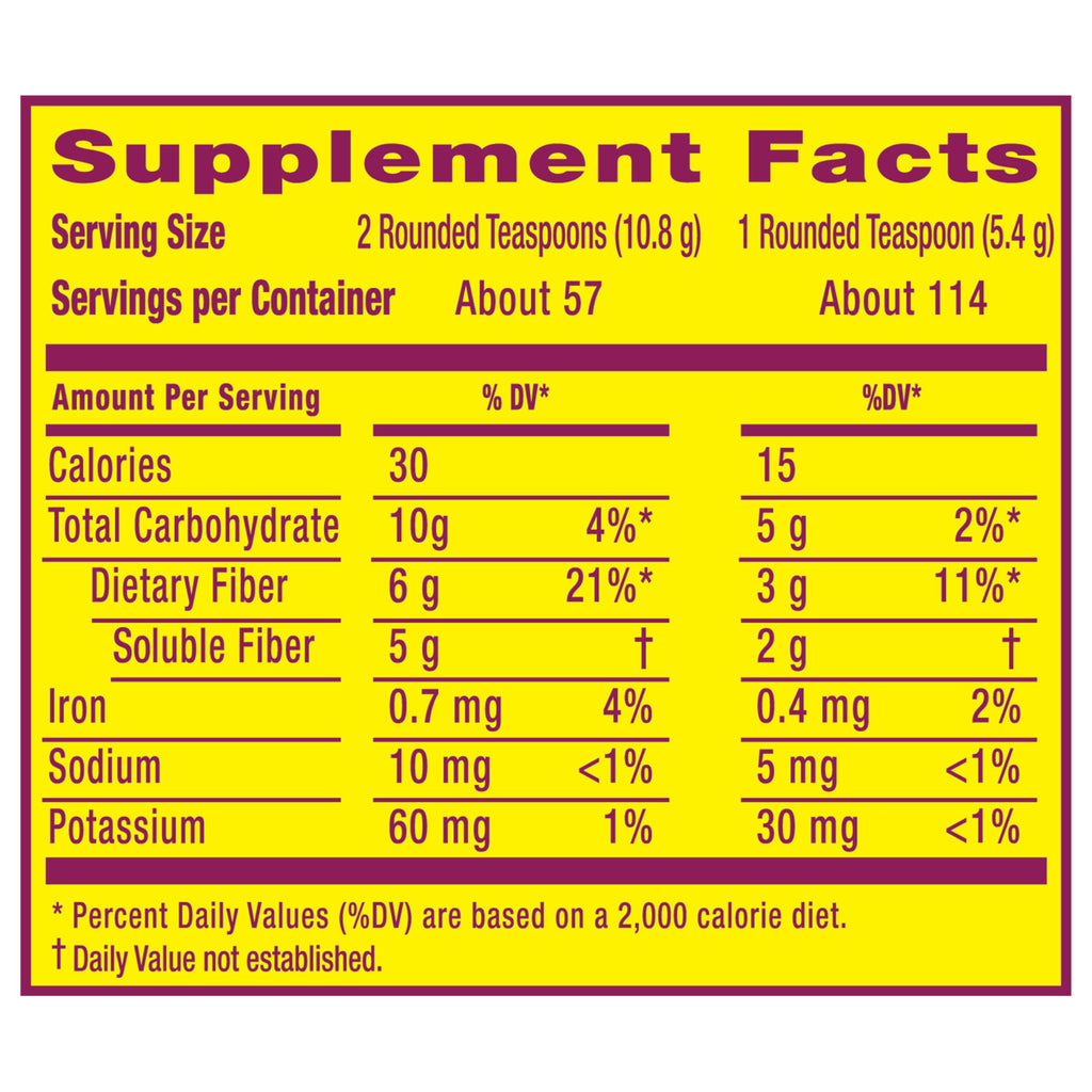 Back of Metamucil container showing ingredients and usage