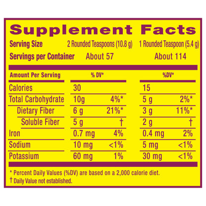 Back of Metamucil container showing ingredients and usage