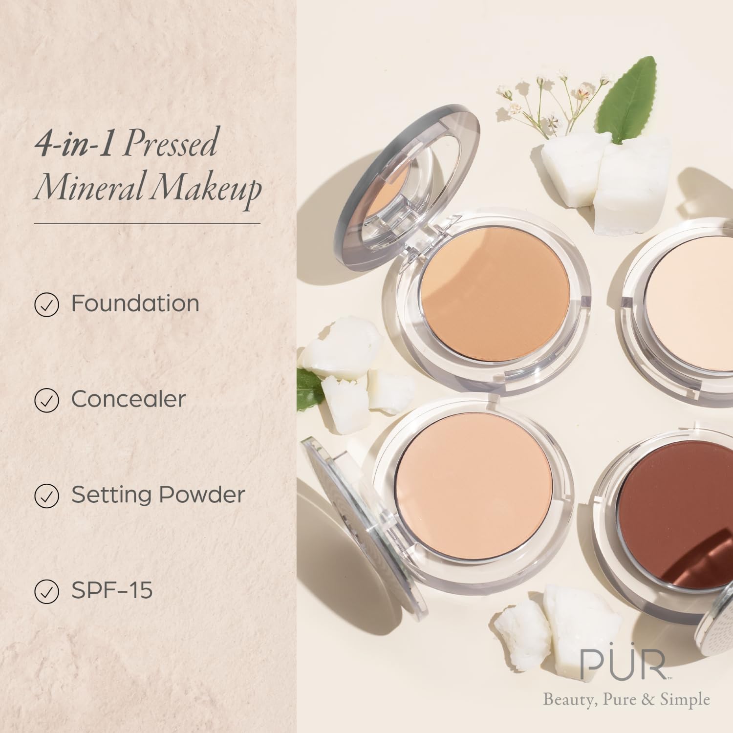 Open mineral powder foundation compact revealing the smooth pressed powder formula and internal application mirror