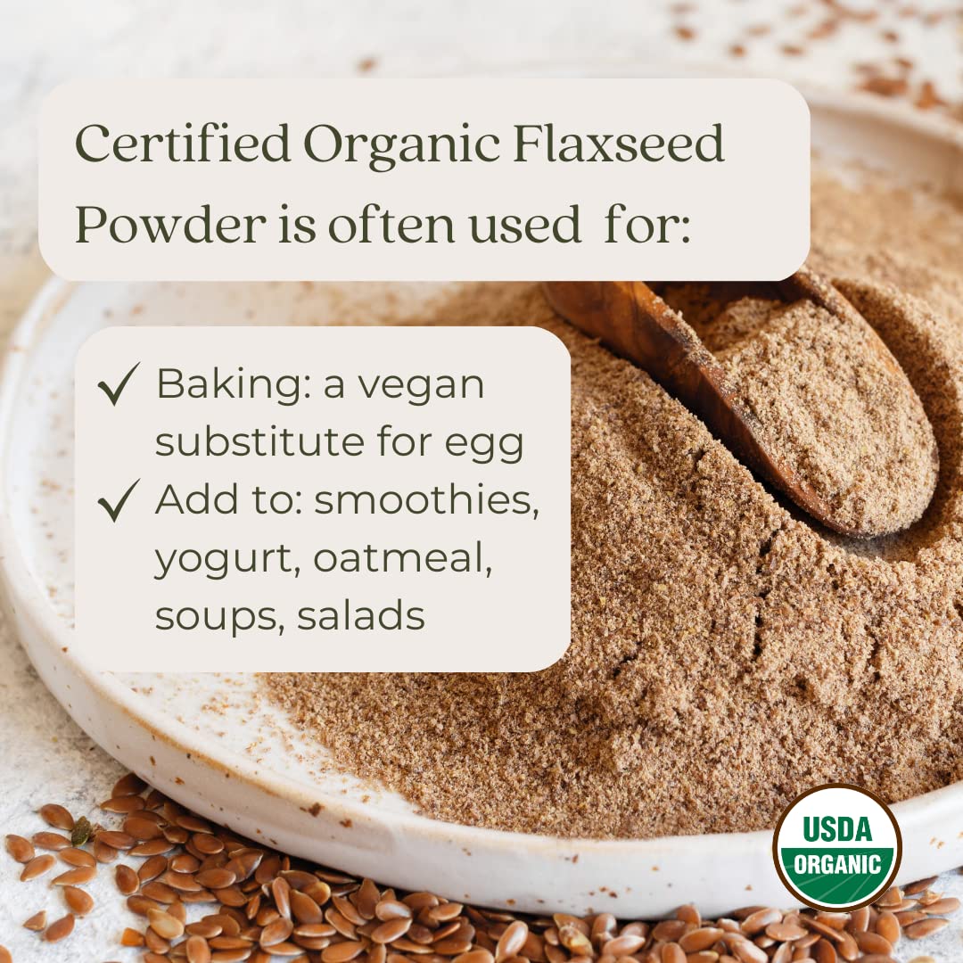 Finely milled brown flaxseed powder inside a measuring spoon demonstrating smooth texture for healthy cooking.