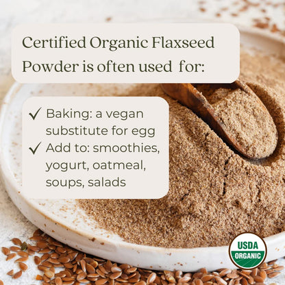 Finely milled brown flaxseed powder inside a measuring spoon demonstrating smooth texture for healthy cooking.