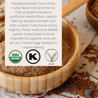 Back packaging label of Starwest Botanicals Organic Flax Seed Powder detailing USDA certification and usage directions.