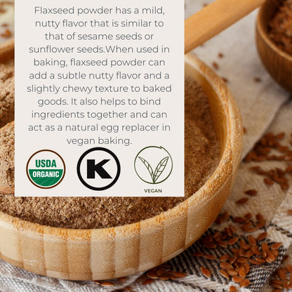 Back packaging label of Starwest Botanicals Organic Flax Seed Powder detailing USDA certification and usage directions.