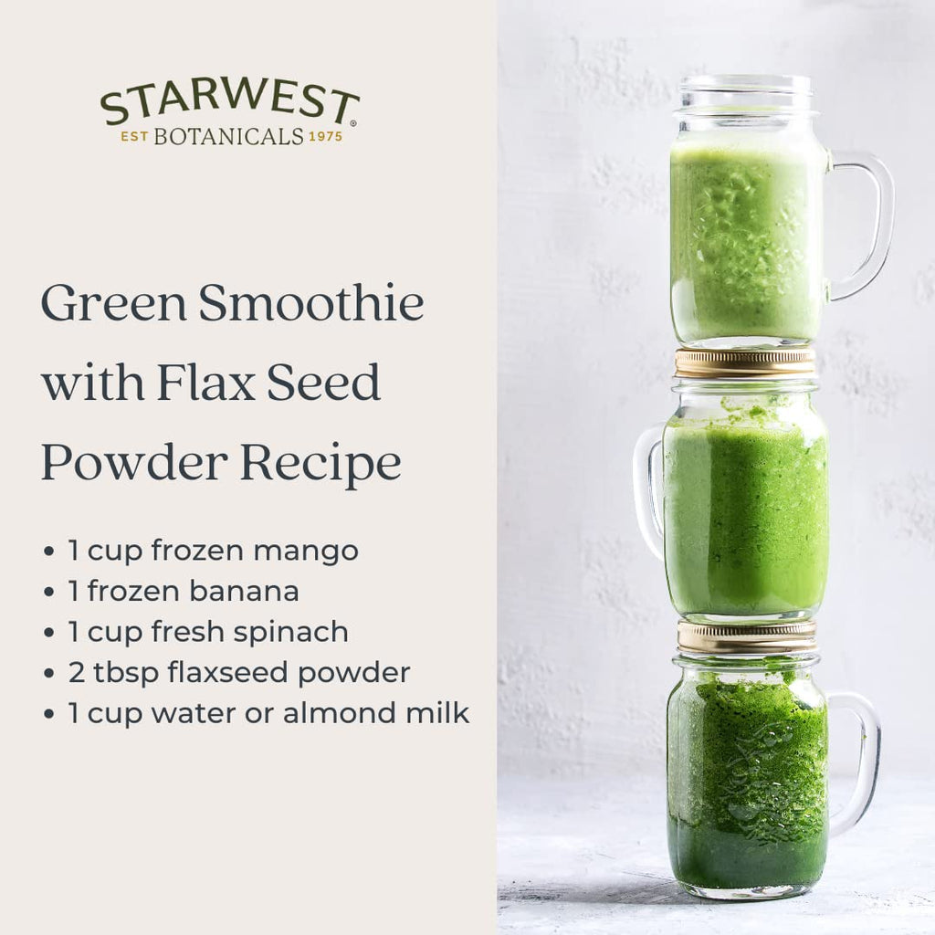 Organic ground flaxseed meal poured into a clean glass bowl ready for dietary smoothie preparation.
