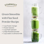 Organic ground flaxseed meal poured into a clean glass bowl ready for dietary smoothie preparation.