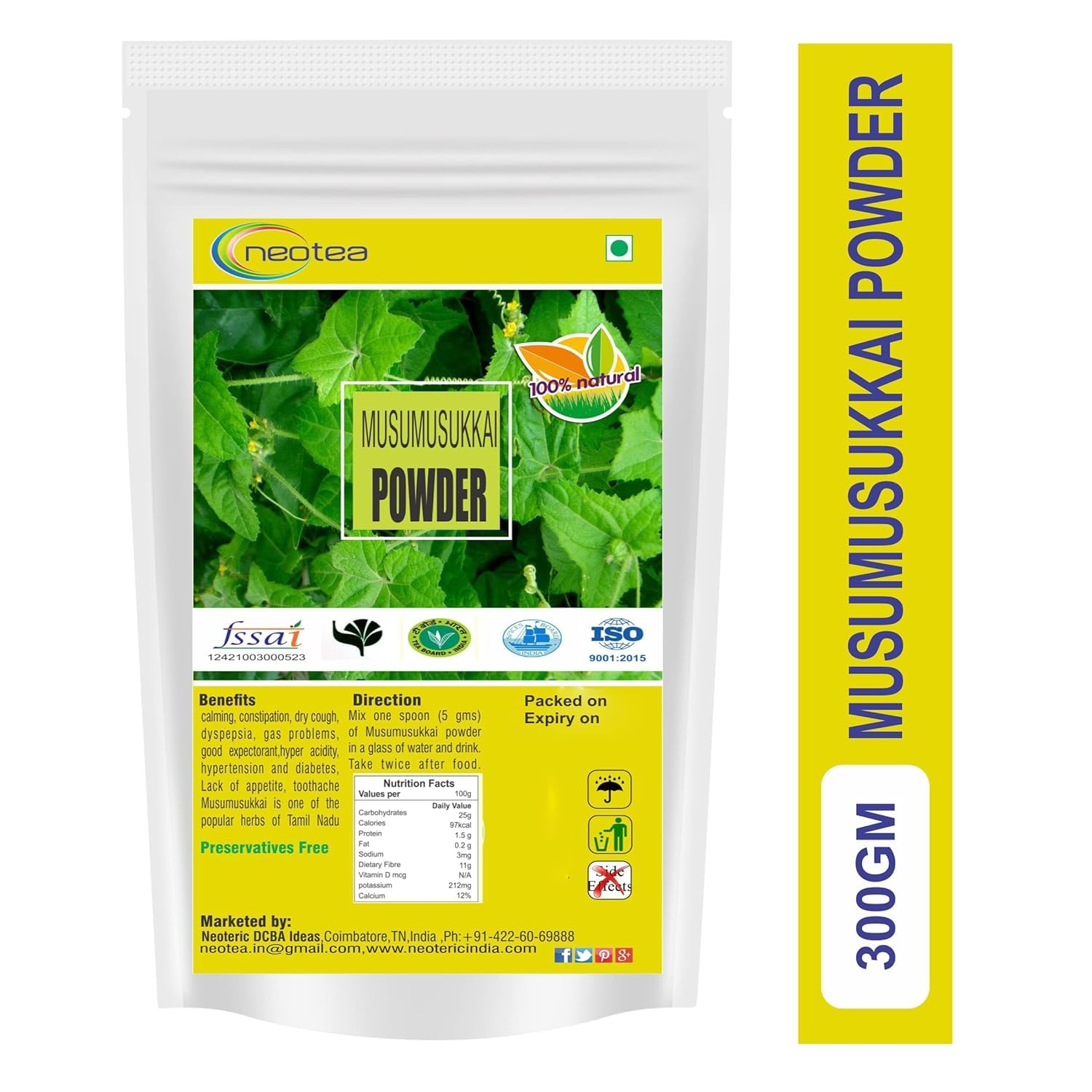 Neotea Mukai Maderaspatana Powder nutritional information label