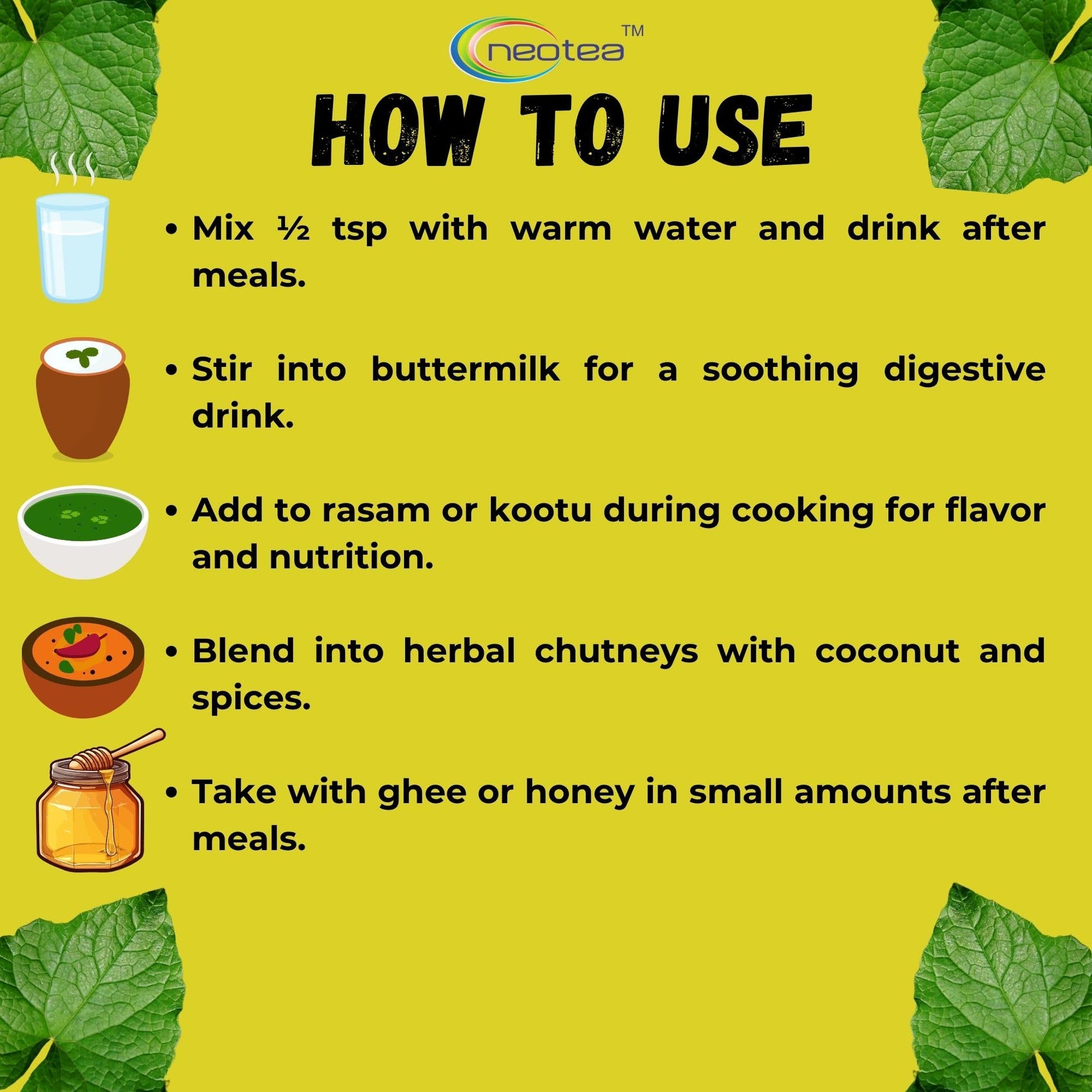 Directions for use on Neotea Musumusukkai packaging back view