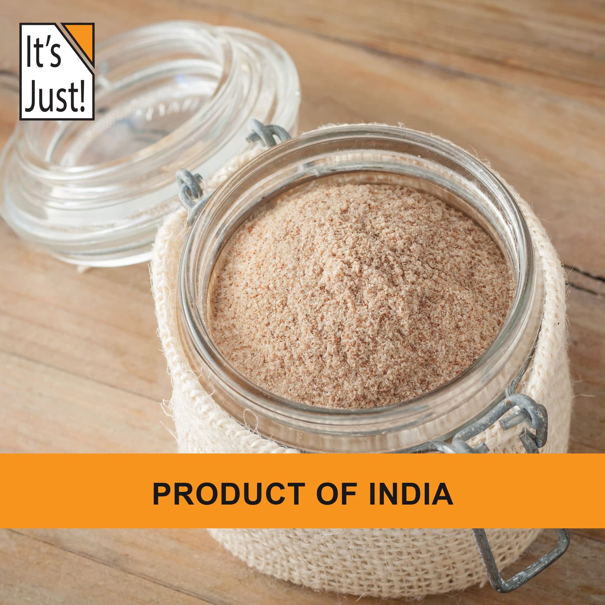 It's Just! Psyllium Husk Powder shown with a glass of water