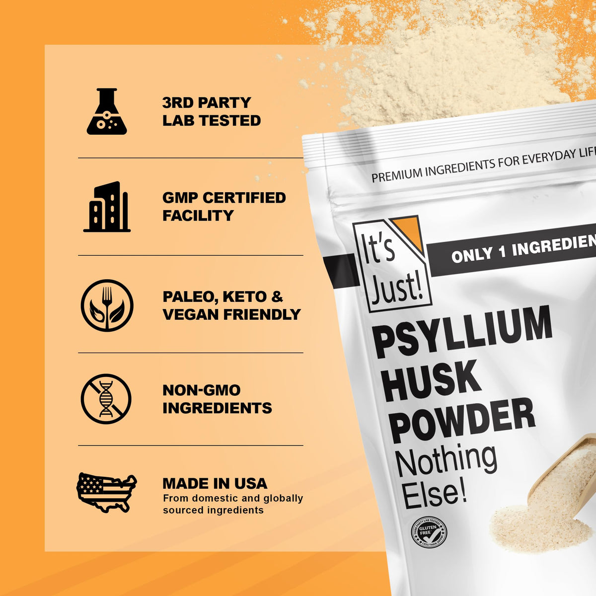 Back of It's Just! Psyllium Husk Powder packaging nutrition info