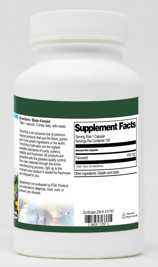 Terravita Flaxseed dietary supplement label showing nutritional facts and 450mg dosage instructions