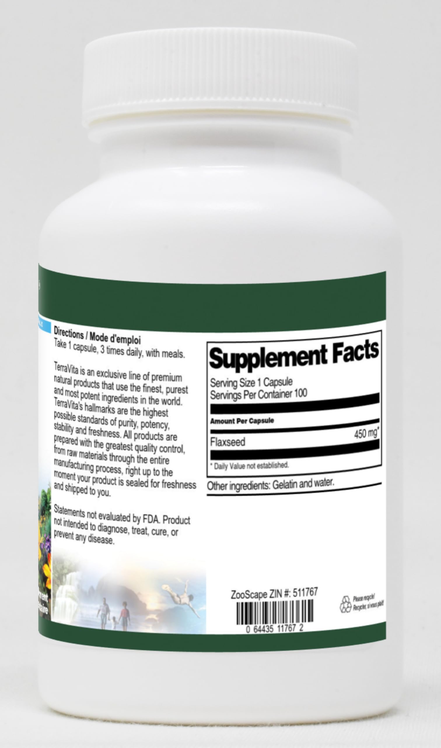 Terravita Flaxseed dietary supplement label showing nutritional facts and 450mg dosage instructions