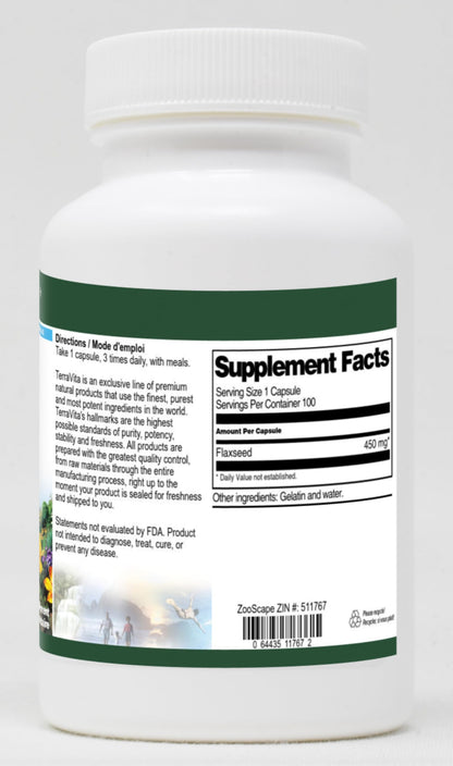 Terravita Flaxseed dietary supplement label showing nutritional facts and 450mg dosage instructions