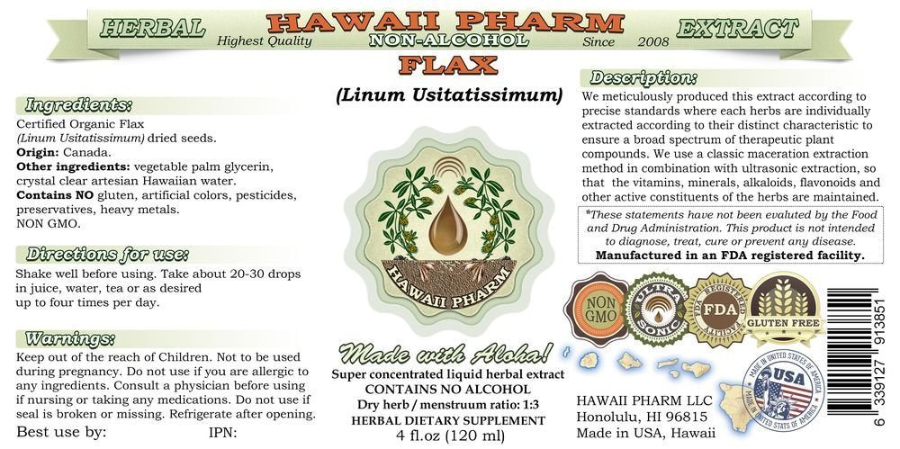 Hawaii Pharm alcohol free flaxseed glycerite bottle showing supplement facts.