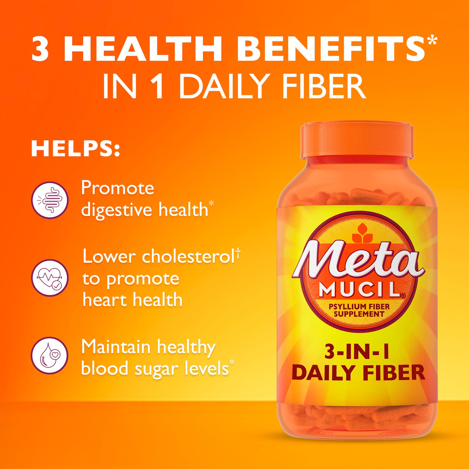Close up of Metamucil psyllium husk capsules dietary supplement