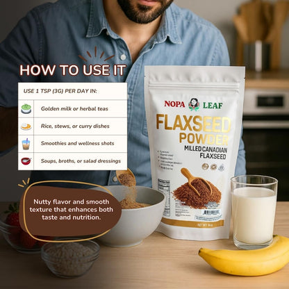 Gluten free and non GMO certifications on the Nopa Leaf flaxseed bag