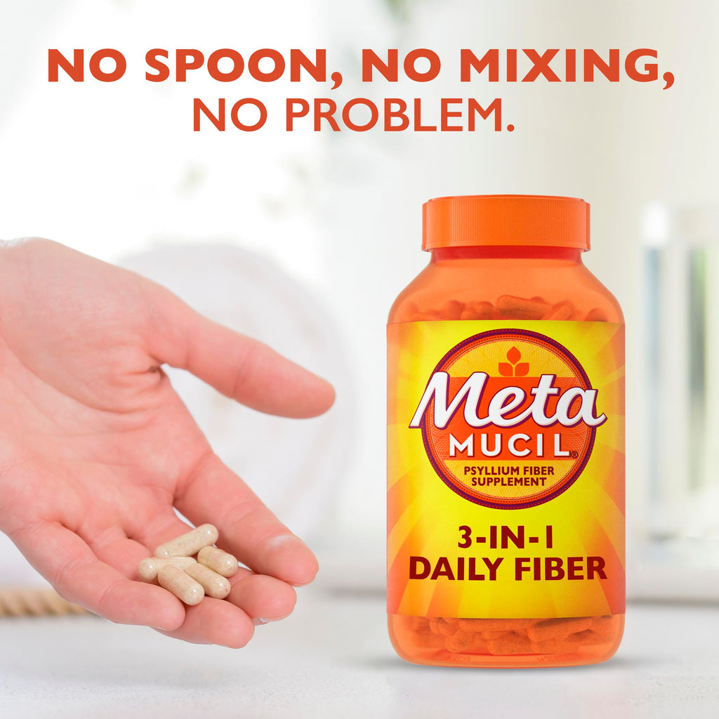 Metamucil bottle side view showing fiber benefits