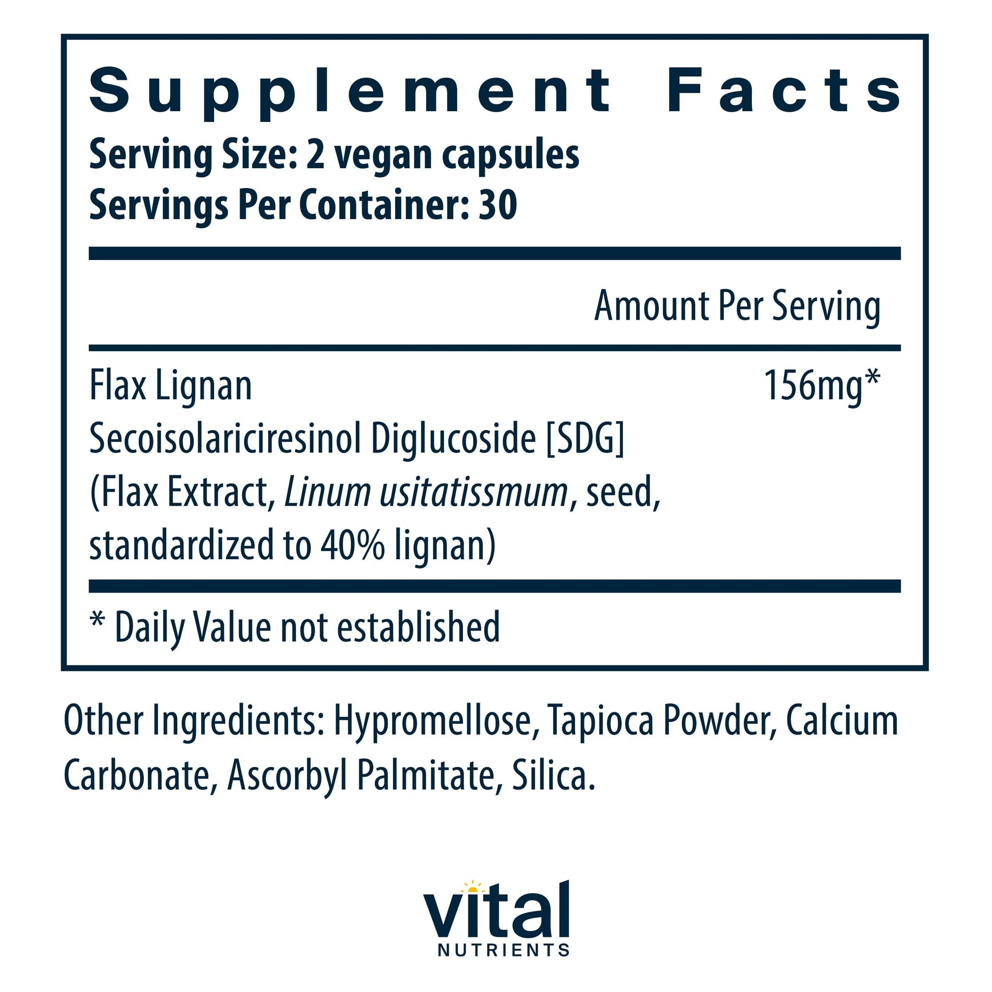 Vital Nutrients Flax Lignan 156 mg supplement facts label showing SDG ingredients