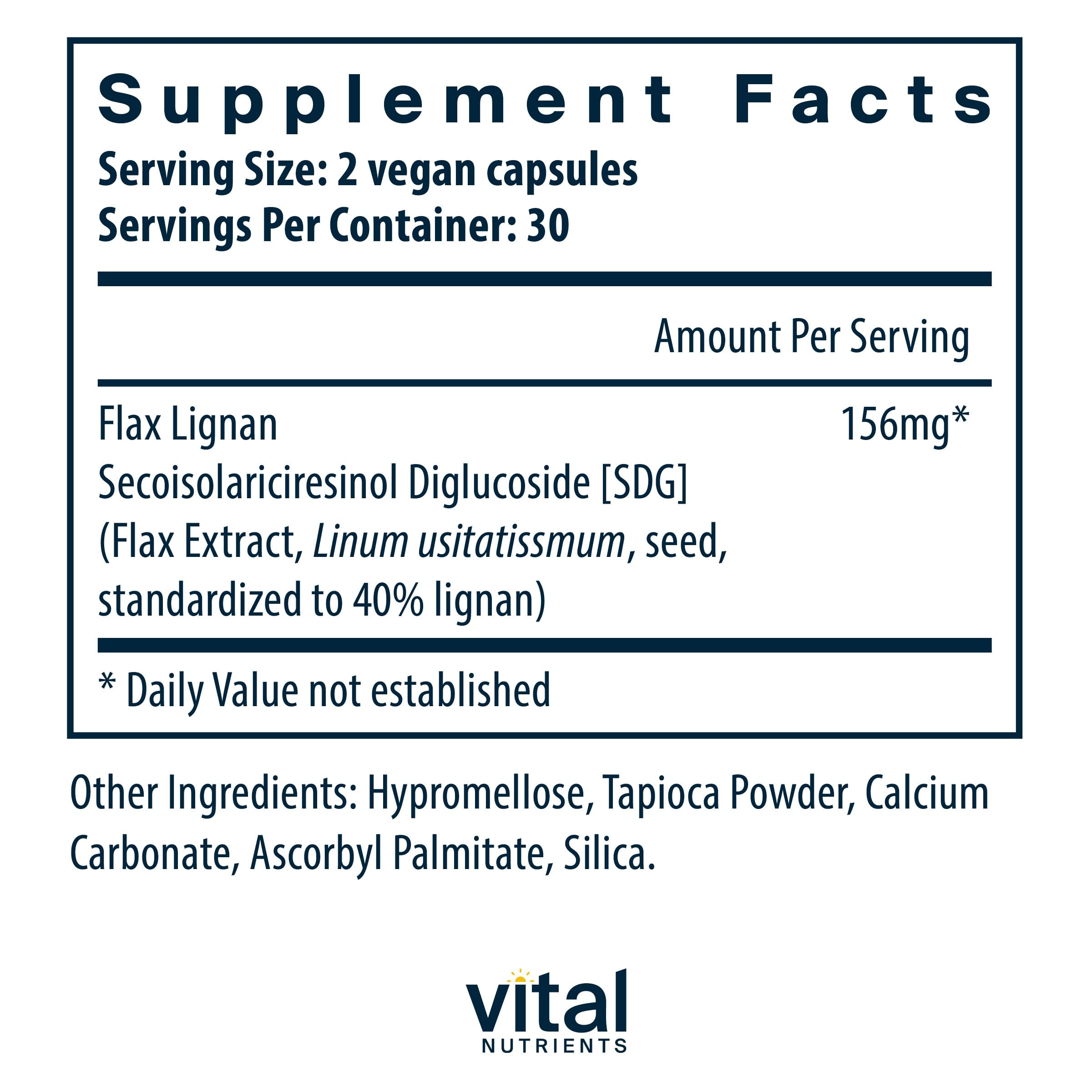 Vital Nutrients Flax Lignan 156 mg supplement facts label showing SDG ingredients