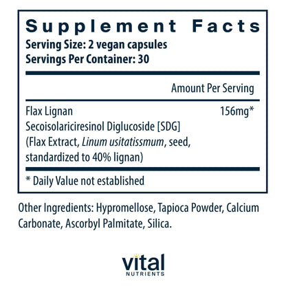 Vital Nutrients Flax Lignan 156 mg supplement facts label showing SDG ingredients