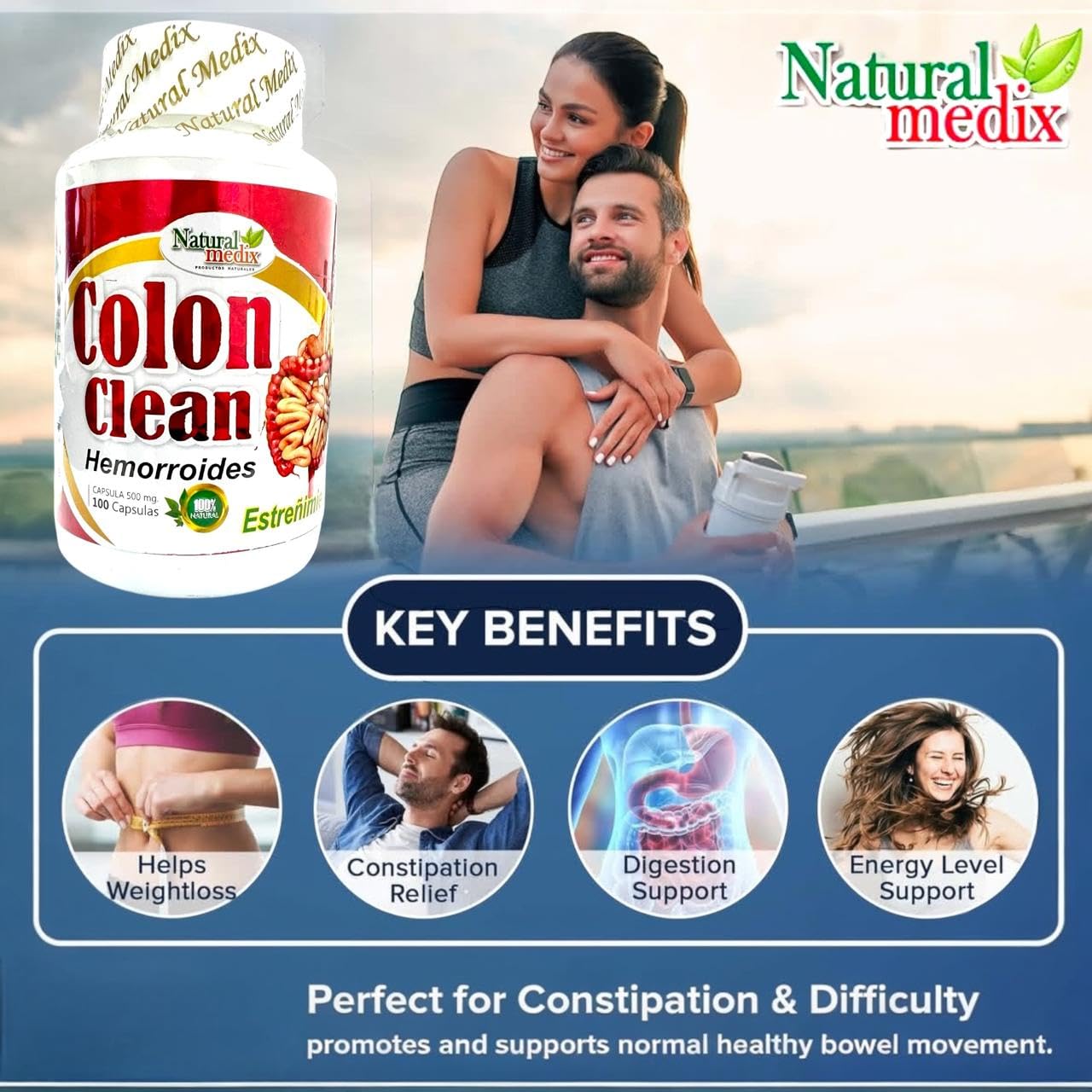 Natural Medix Colon Cleanse dietary supplement for bloating and occasional constipation relief.