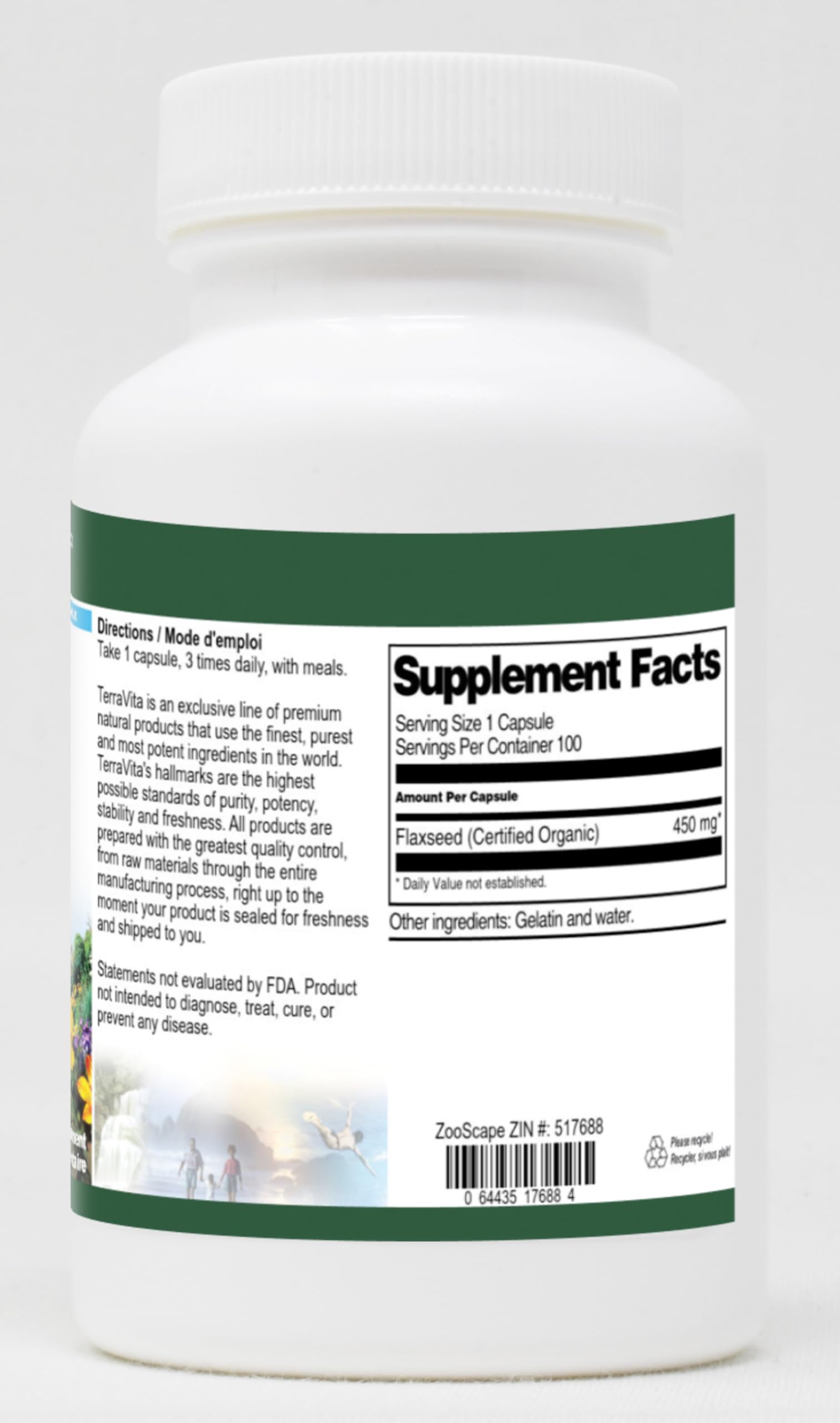 Side view of Terravita Certified Organic Flaxseed dietary supplement detailing ingredient transparency.