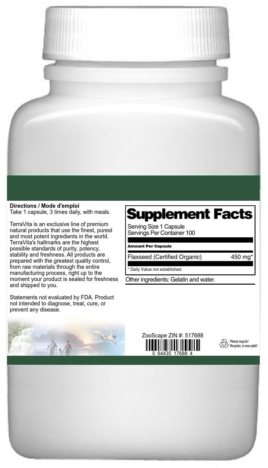 Close up of unflavoured Terravita flax seed capsules highlighting easy to swallow design.