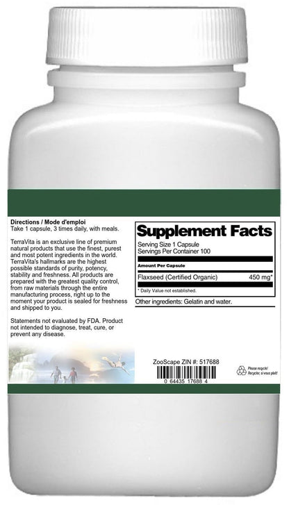 Close up of unflavoured Terravita flax seed capsules highlighting easy to swallow design.