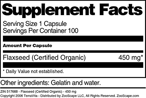 Nutritional facts label on Terravita 450mg flaxseed supplement bottle demonstrating pure formulation.