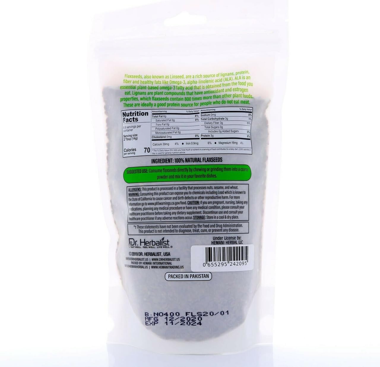 Dr. HERBALIST imported flaxseeds pouch showcasing Omega 3 and dietary fiber benefits