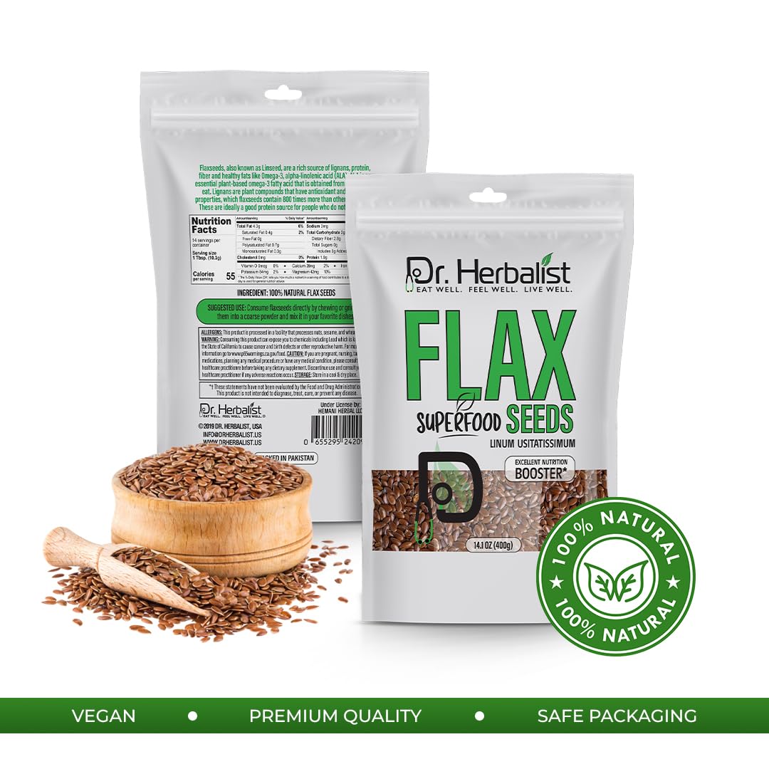 Close up view of authentic Dr. HERBALIST raw whole flaxseeds premium superfood