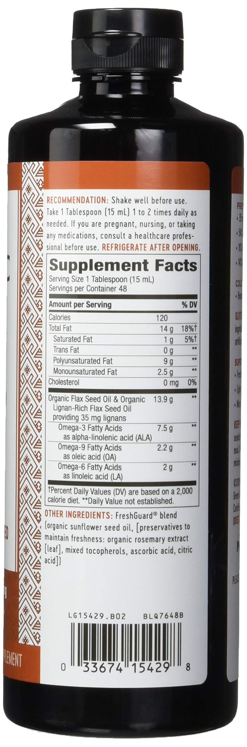 Nature's Way cold pressed organic flax oil liquid supplement nutrient facts label on the back panel