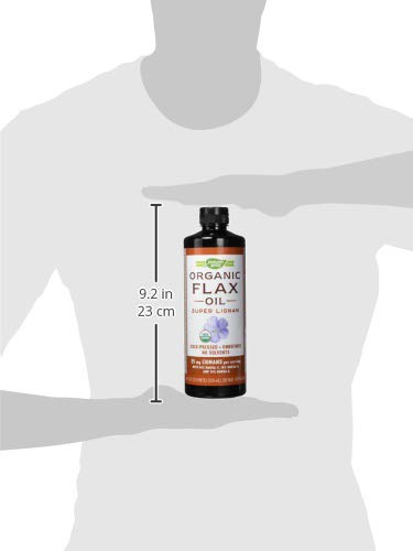 Organic flaxseed oil dietary supplement with 35 mg plant lignans displaying ingredient list