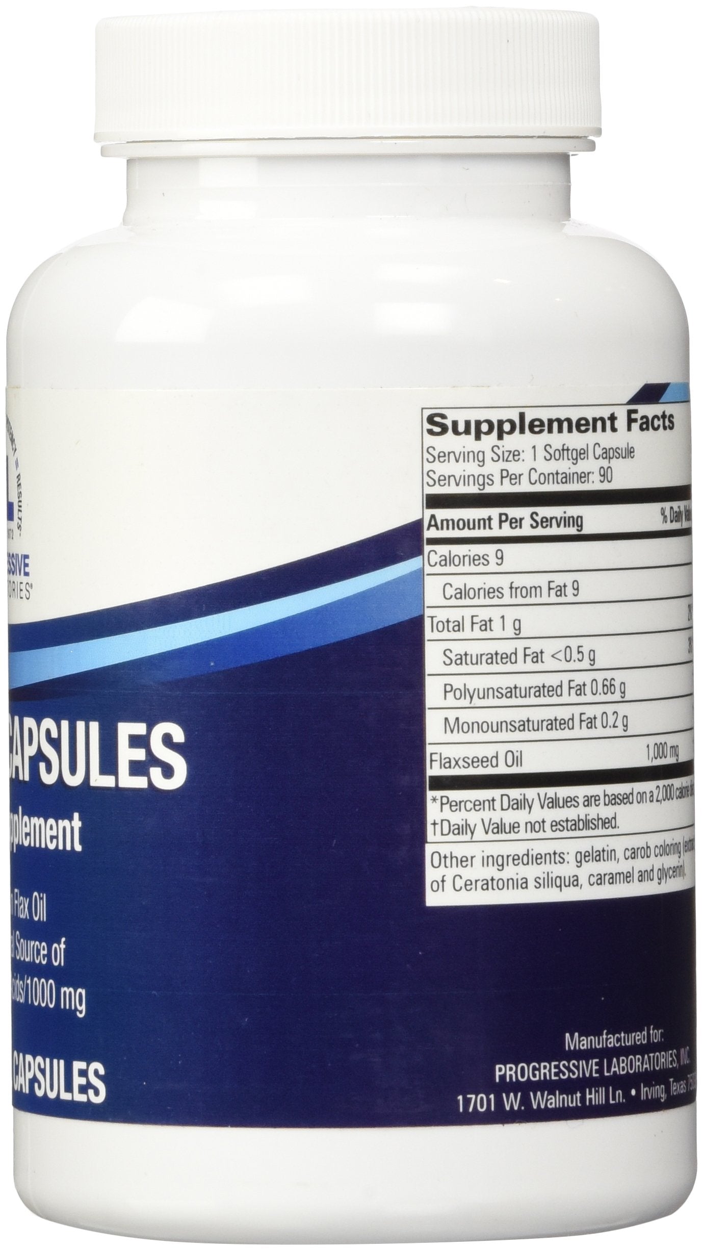 Progressive Labs cold pressed virgin flaxseed oil dietary supplement showing premium plant based omega 3 bottle details