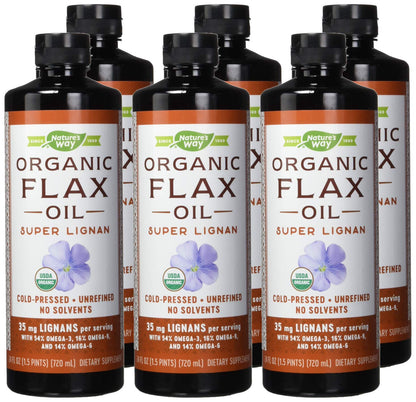 Nature's Way EFAGold premium organic flax oil bottle displaying FreshGuard freshness blend logo