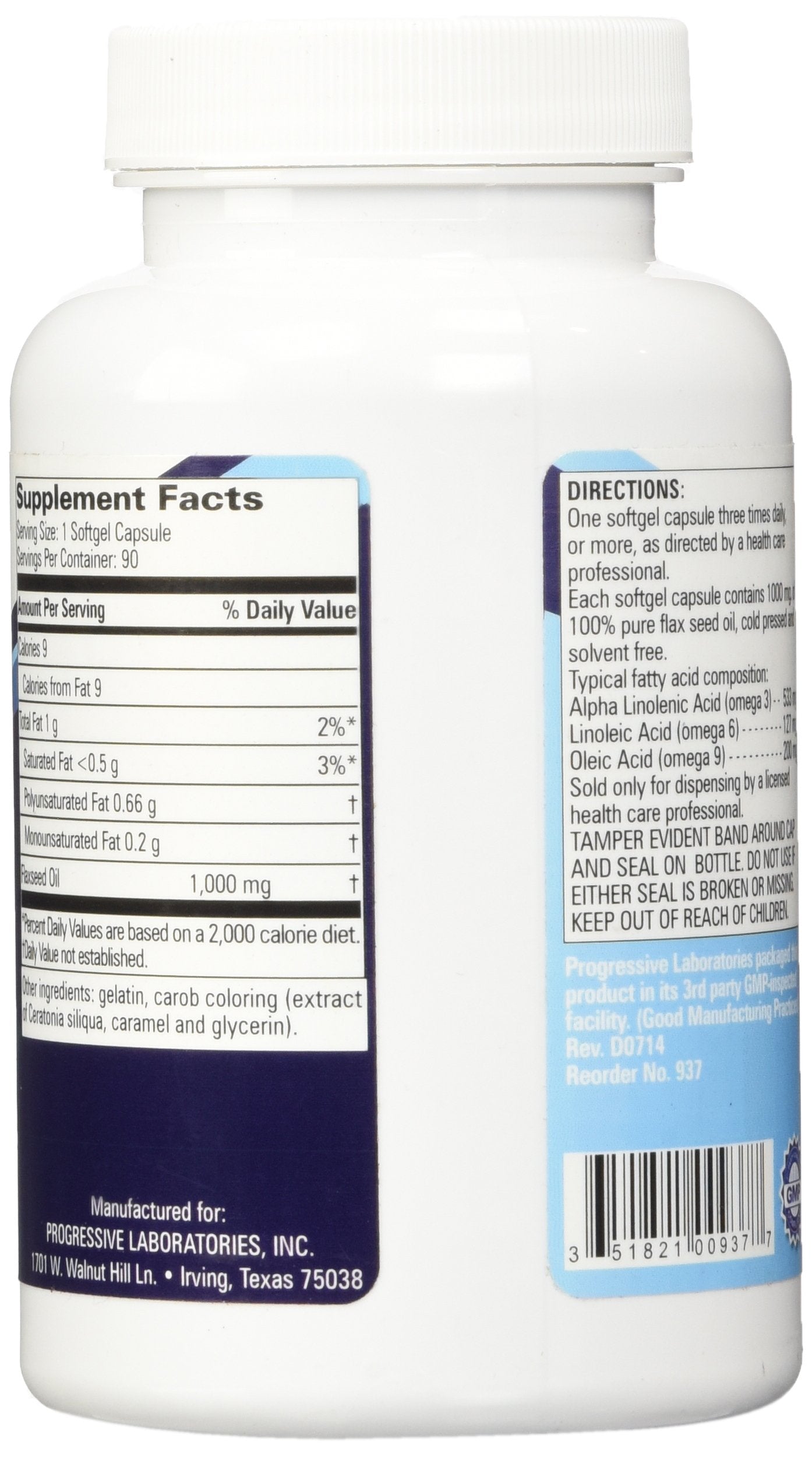 Progressive Laboratories professional quality flax oil supplement back label displaying nutritional facts and ingredients