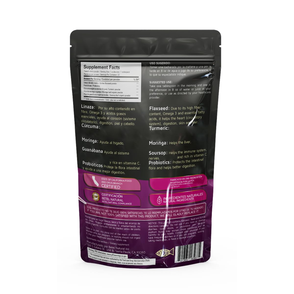 Betel Natural dietary supplement powder showing ingredient highlights of turmeric and moringa
