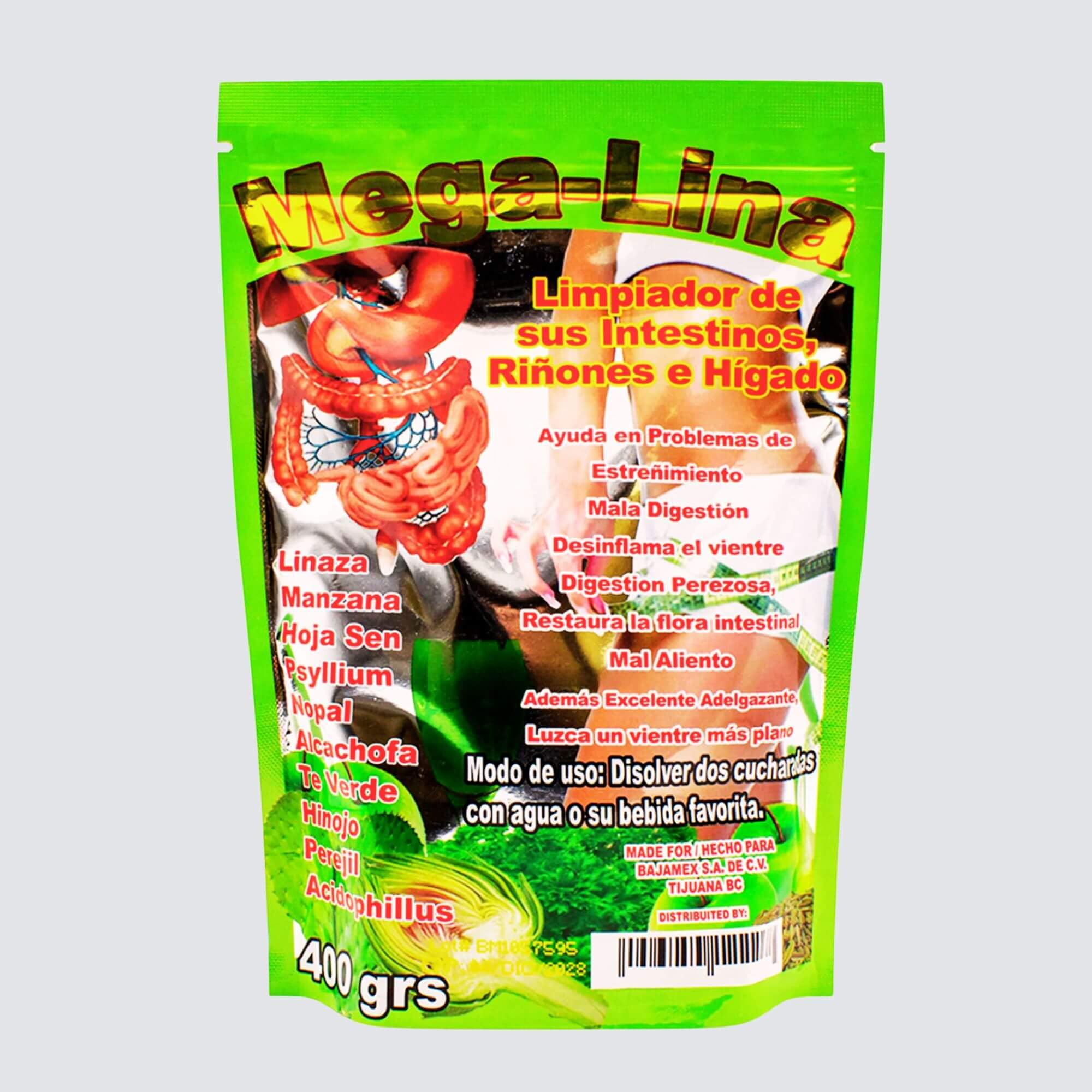 Authentic USA imported Mega Lina ground flaxseed fiber powder packaging highlighting ingredients