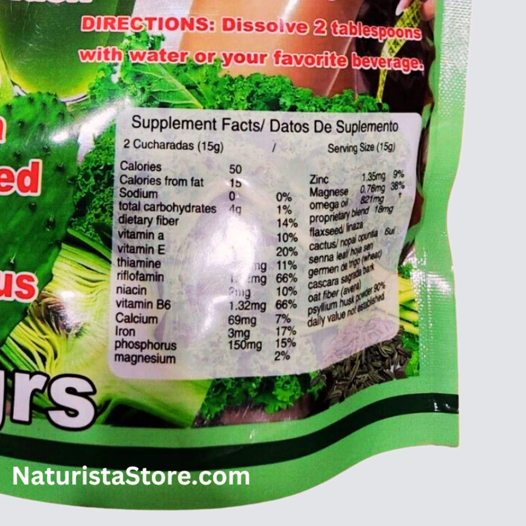 Four hundred grams bag of Mega Lina detoxify flax seed supplement showing usage directions