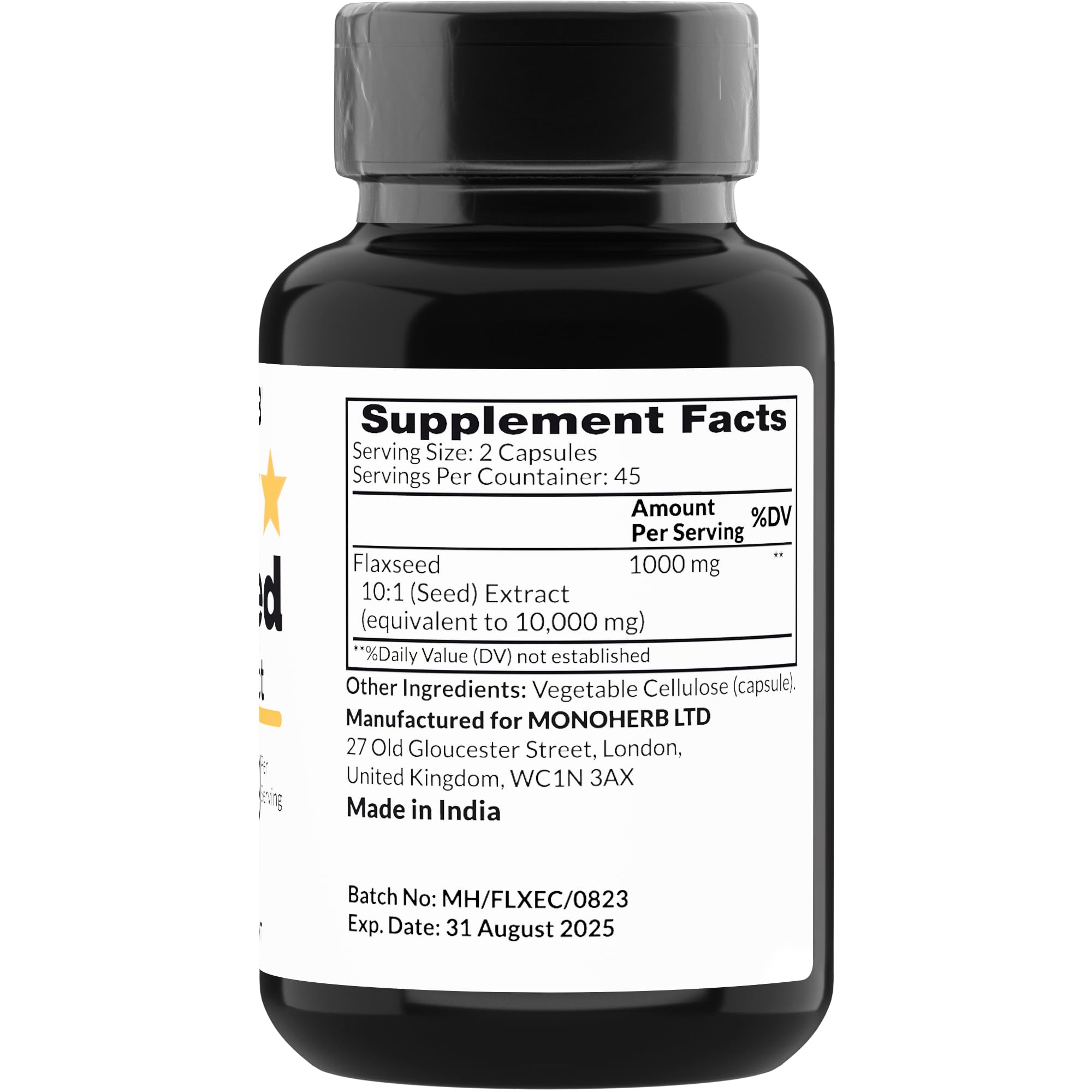 Monoherb Flaxseed 10 to 1 extract supplement facts label showing nutritional value and extra strength ingredients.