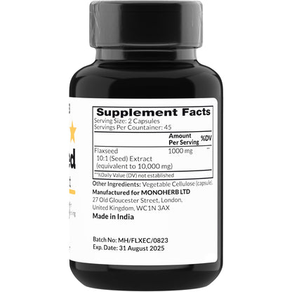 Monoherb Flaxseed 10 to 1 extract supplement facts label showing nutritional value and extra strength ingredients.